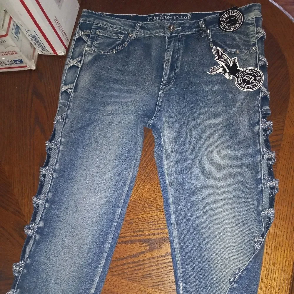 Platinum Plush Cross Me If You Dare Rhinestone Jeans - Picture 6 of 8